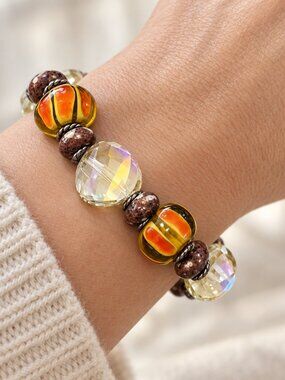 Orange Yellow Brown Art Glass Bead Stretch Bracelet – 16-17cm